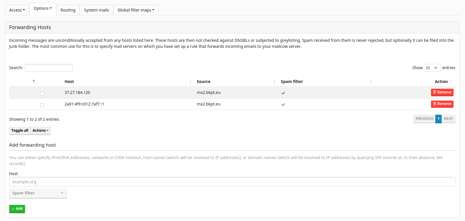 Mailcow forwarding hosts