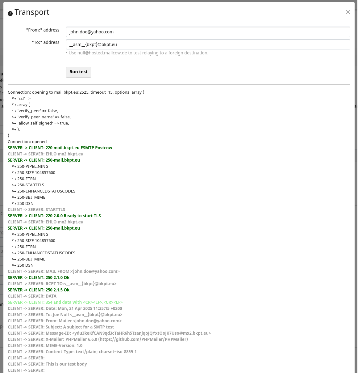 Mailcow transport map test